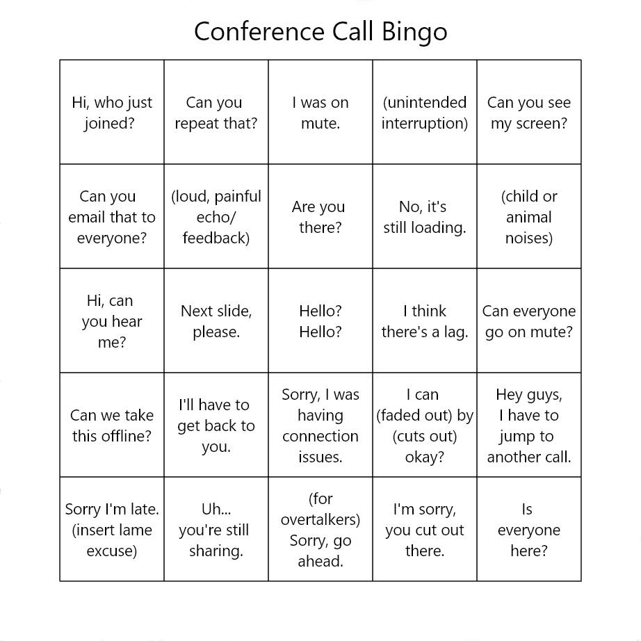 Conference Call Bingo Computer Consultant Professionals