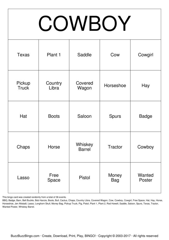 COWBOY Bingo Cards To Download Print And Customize 