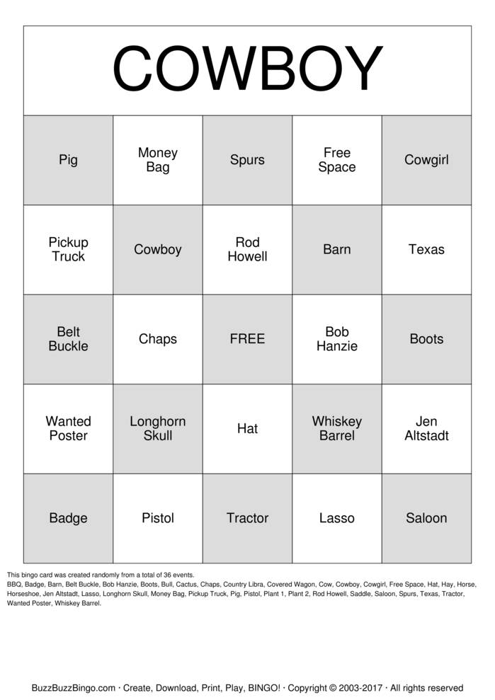 COWBOY Bingo Cards To Download Print And Customize 