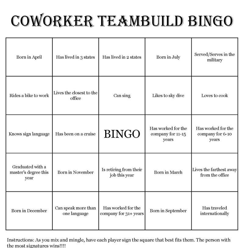 Coworker Teambuild Bingo Cards Mix Mingle Style Bingo 