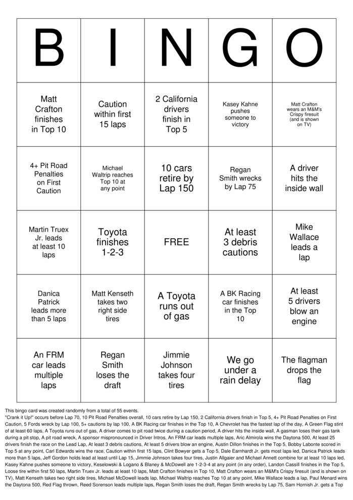 Daytona 500 BINGO Bingo Cards To Download Print And 