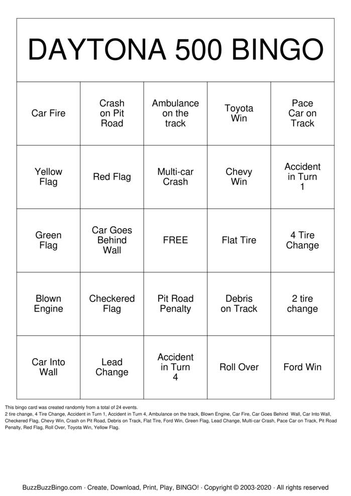 DAYTONA 500 Bingo Cards To Download Print And Customize 