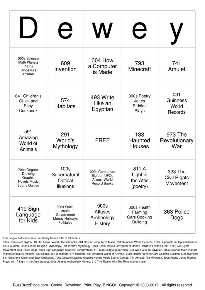 Dewey Decimal Bingo Cards To Download Print And Customize 