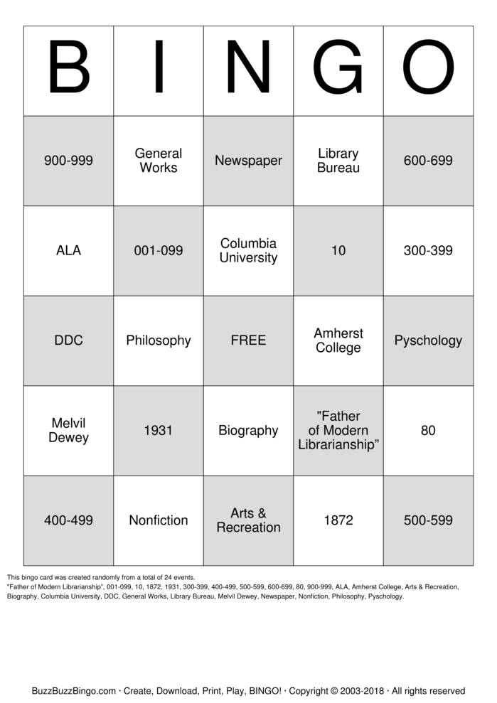 Dewey Decimal System Bingo Cards To Download Print And 