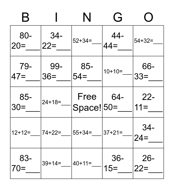 Double Digit Addition And Subtraction Bingo Bingo Card