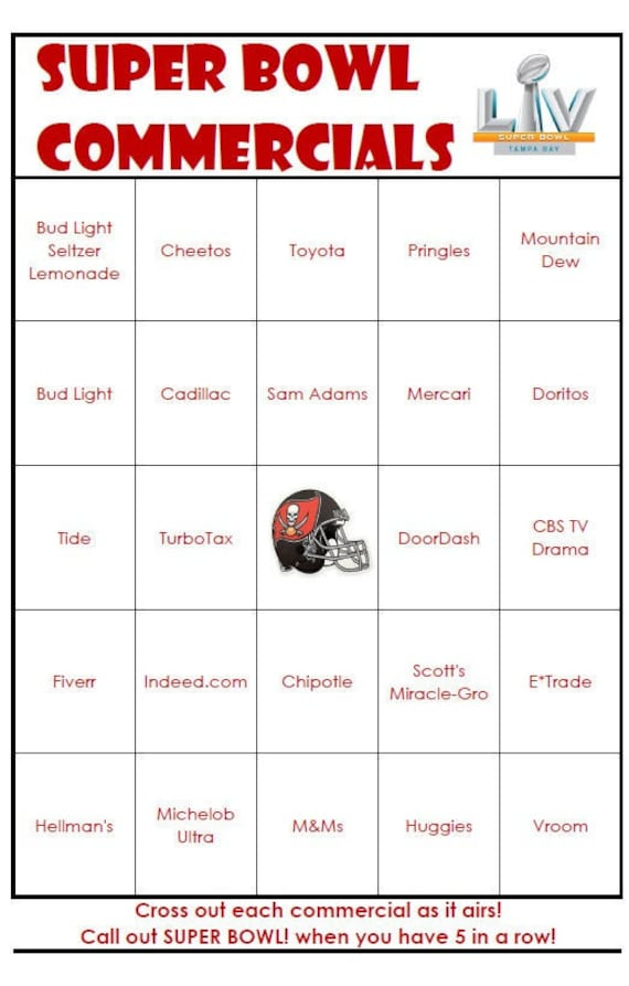 EASY PRINT Super Bowl 2021 COMMERCIALS Bingo Cards Digital 