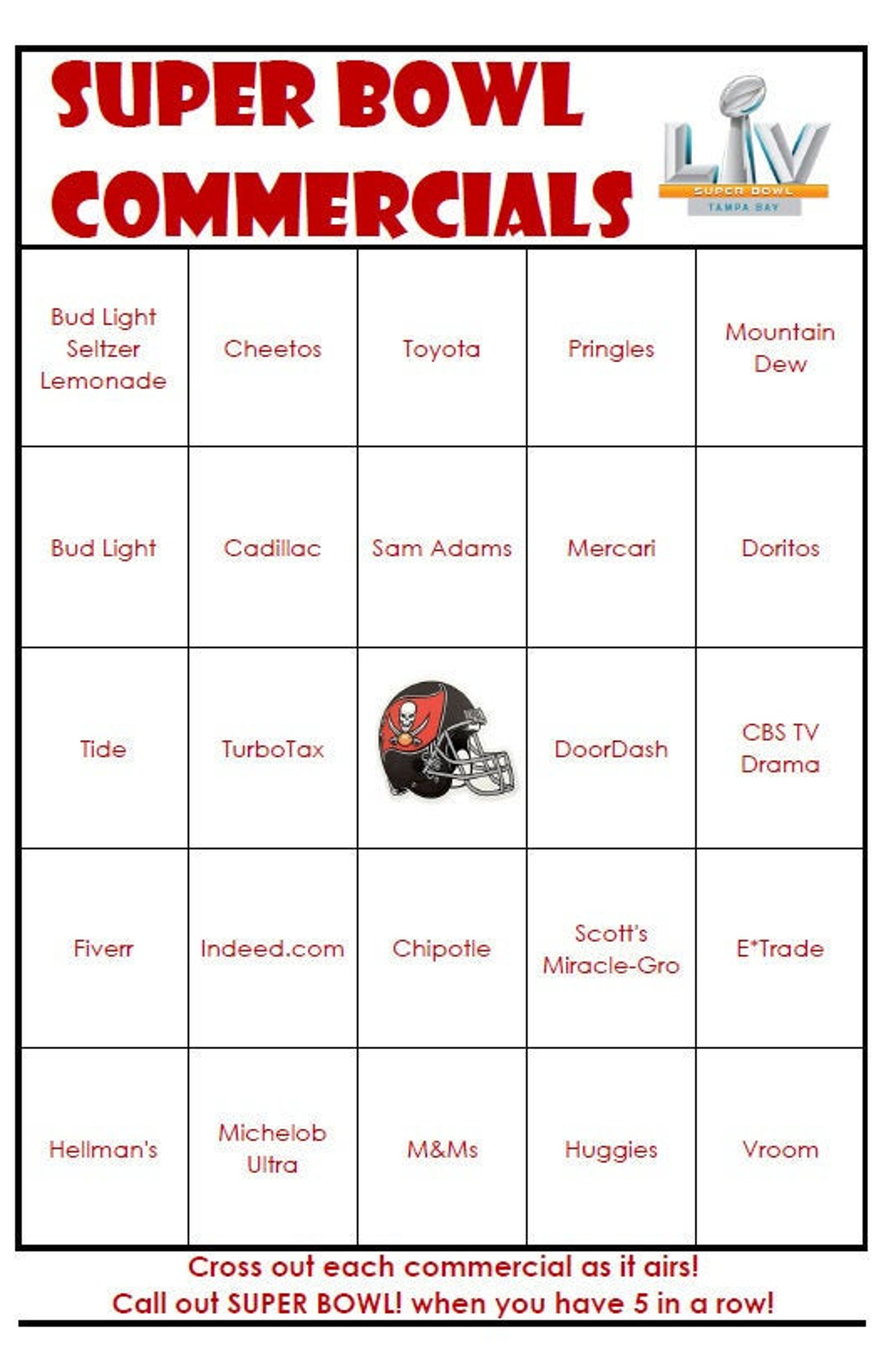 EASY PRINT Super Bowl 2021 COMMERCIALS Bingo Cards Digital 