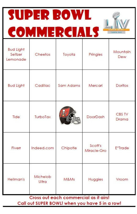 EASY PRINT Super Bowl 2021 COMMERCIALS Bingo Cards Digital 