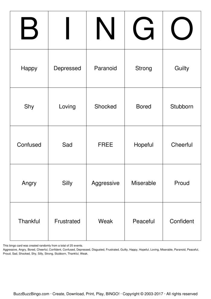 Emotions Bingo Cards To Download Print And Customize Emotions Bingo Cards To Download Print And Customize