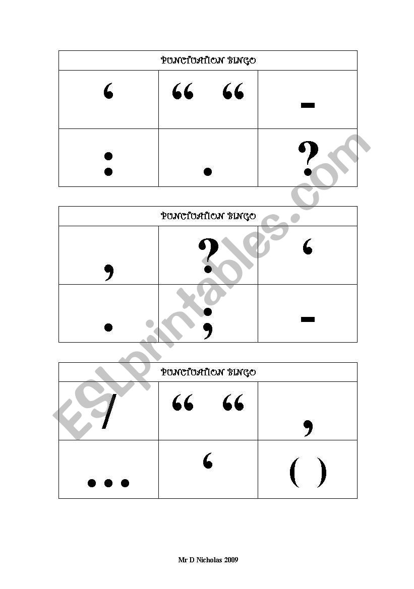 English Worksheets Punctuation Bingo Cards