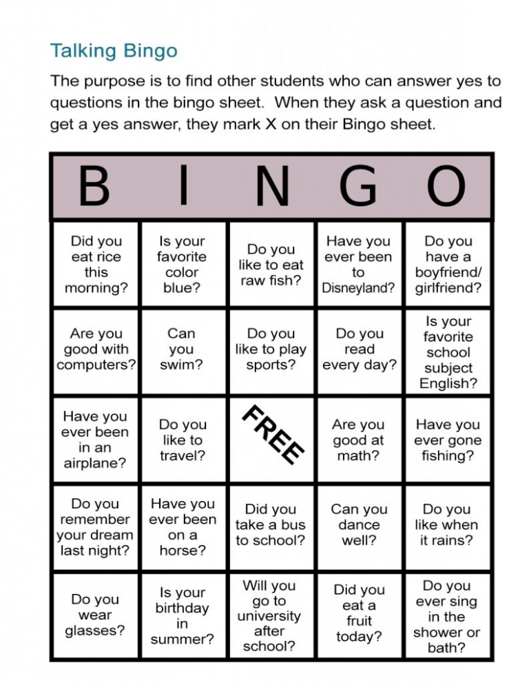 Esl Bingo Free Worksheet Stand Up Bingo All Esl