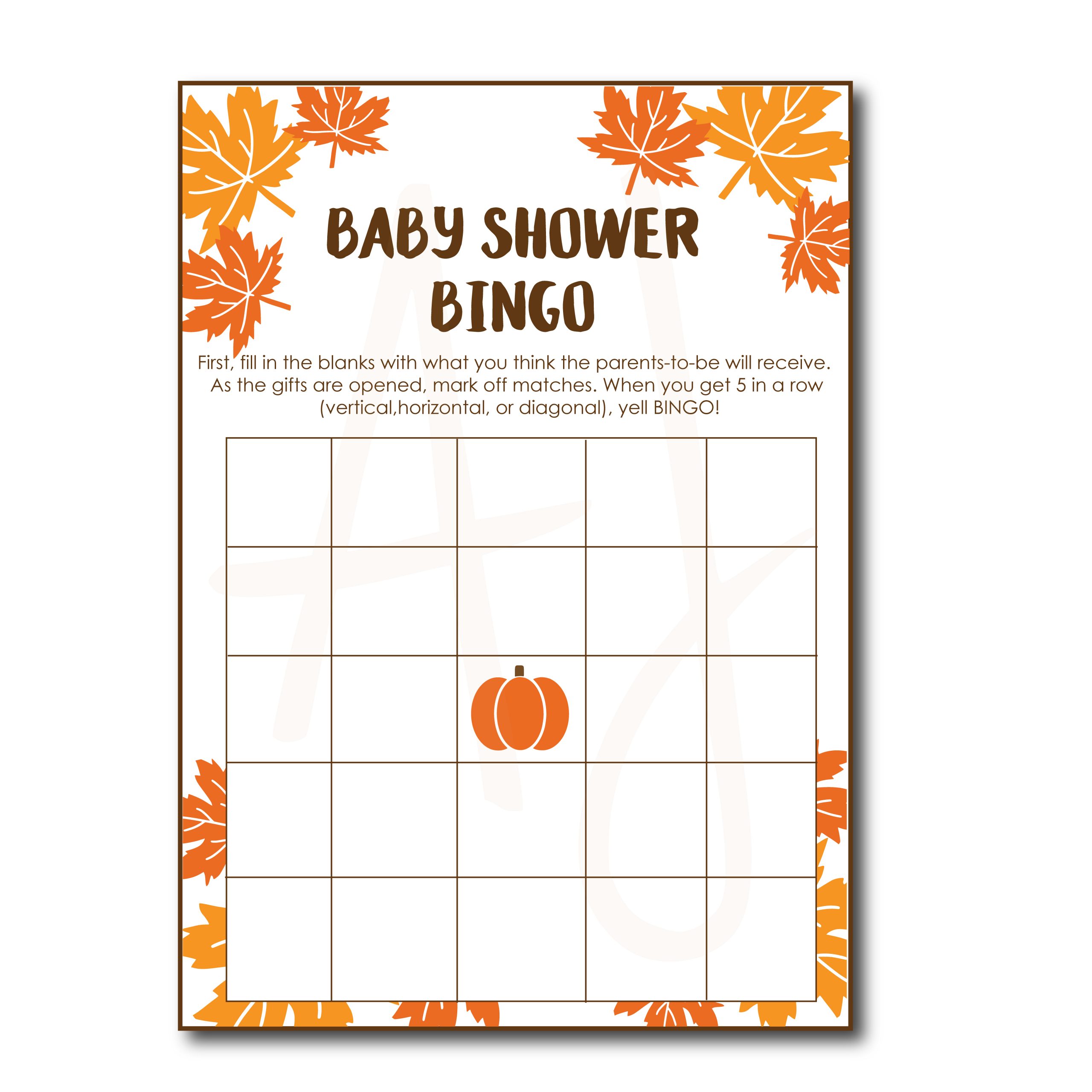 Fall Baby Shower BINGO Game Digital File AJ Design 