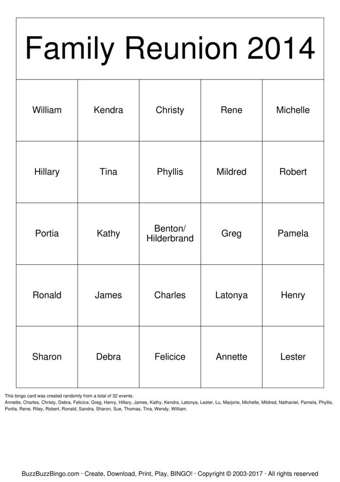 Family Reunion Bingo Cards To Download Print And Customize