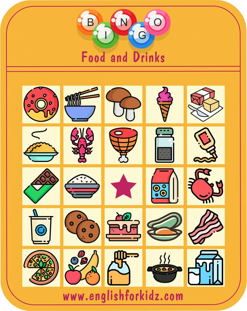 Food Drinks Bingo Game Printable Bingo Cards