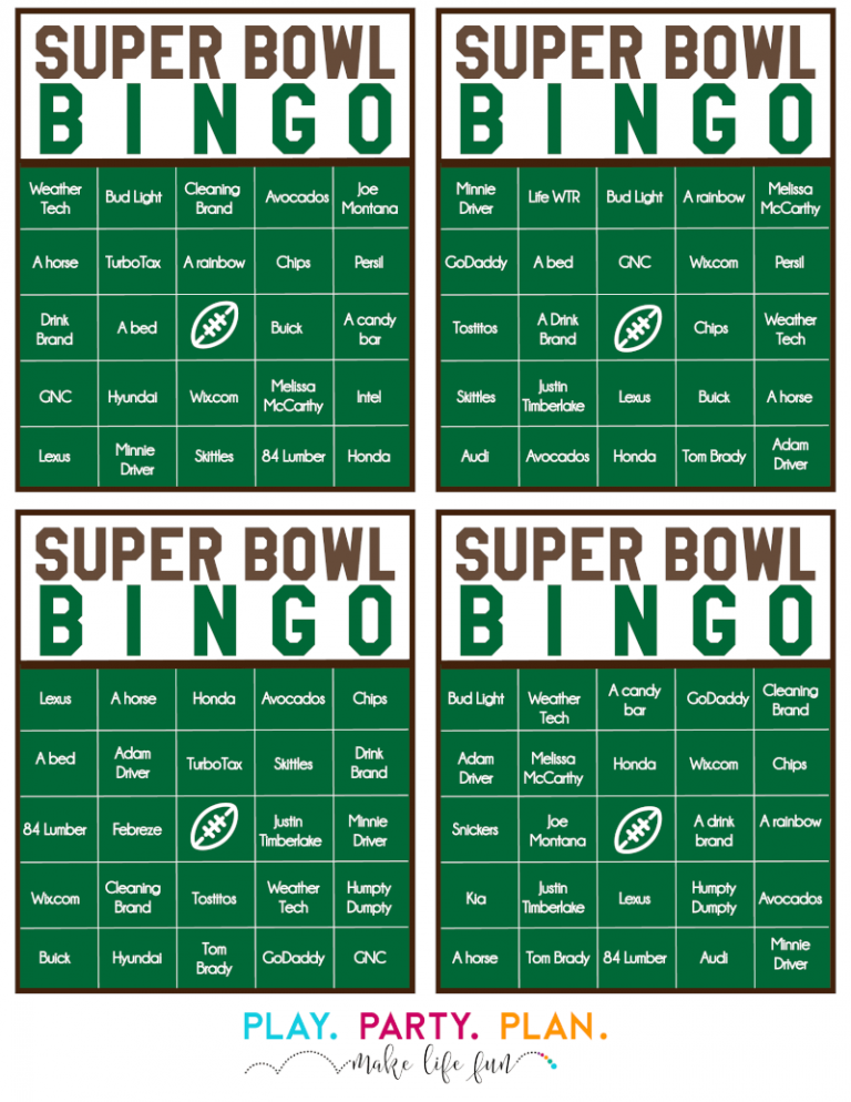 Free Printable 2020 Super Bowl Commercial Bingo Play