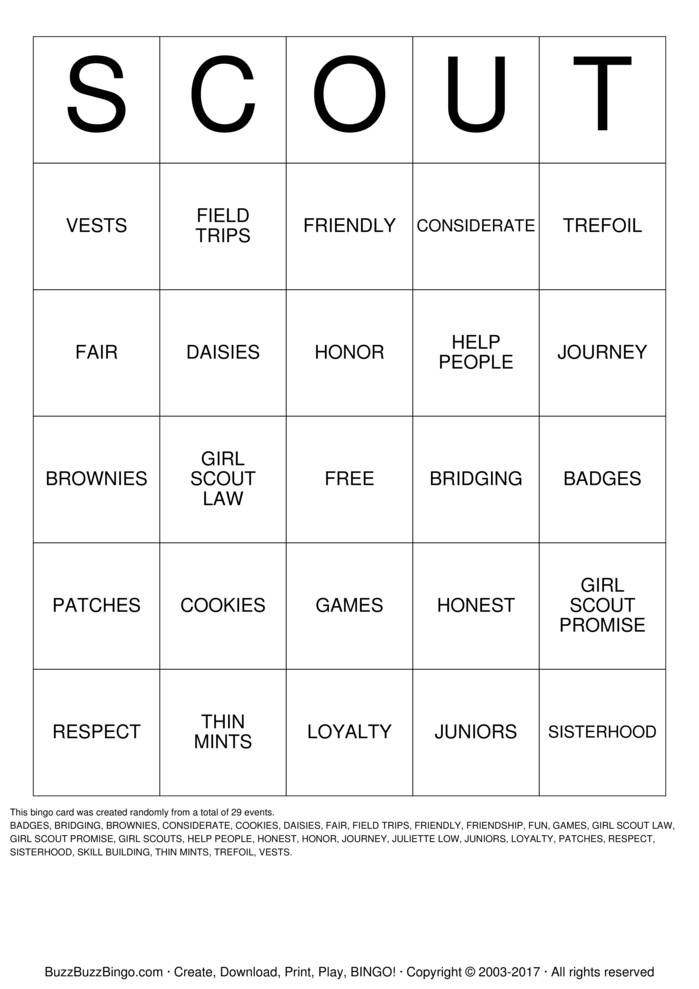 GIRL SCOUT BINGO Bingo Cards To Download Print And Customize 