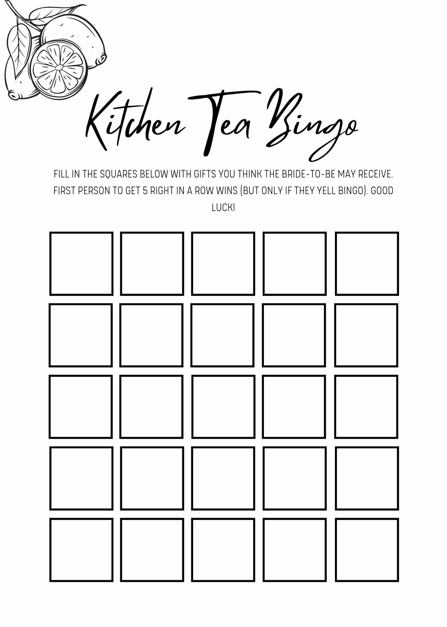 Gorgeous Main Squeeze Kitchen Tea Bingo Printable Game Cards 