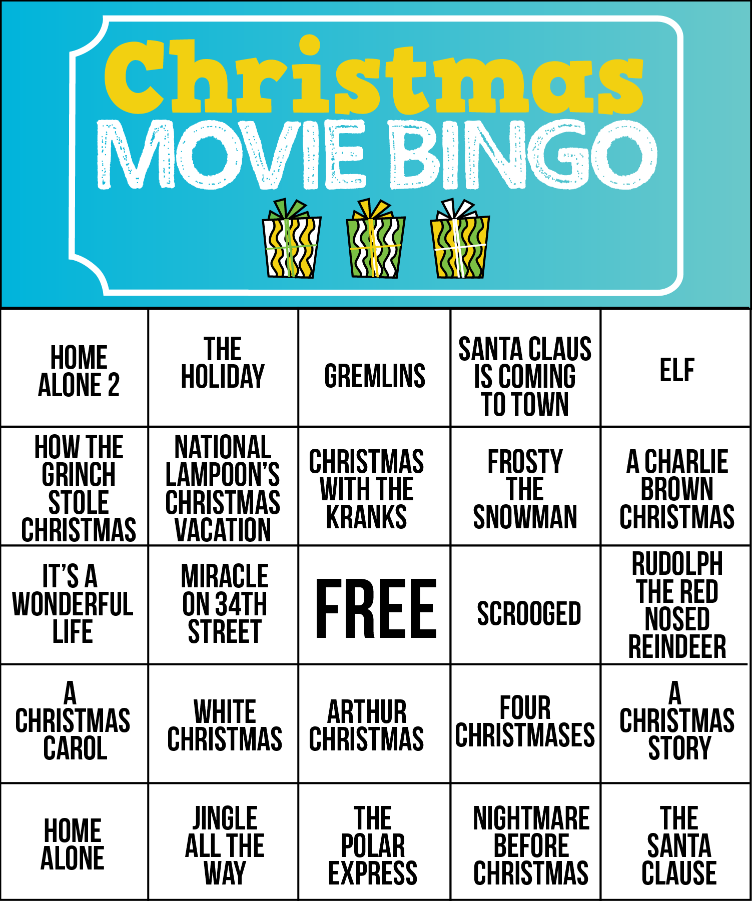 Holiday Movie Christmas Bingo Game Christmas Bingo Cards 