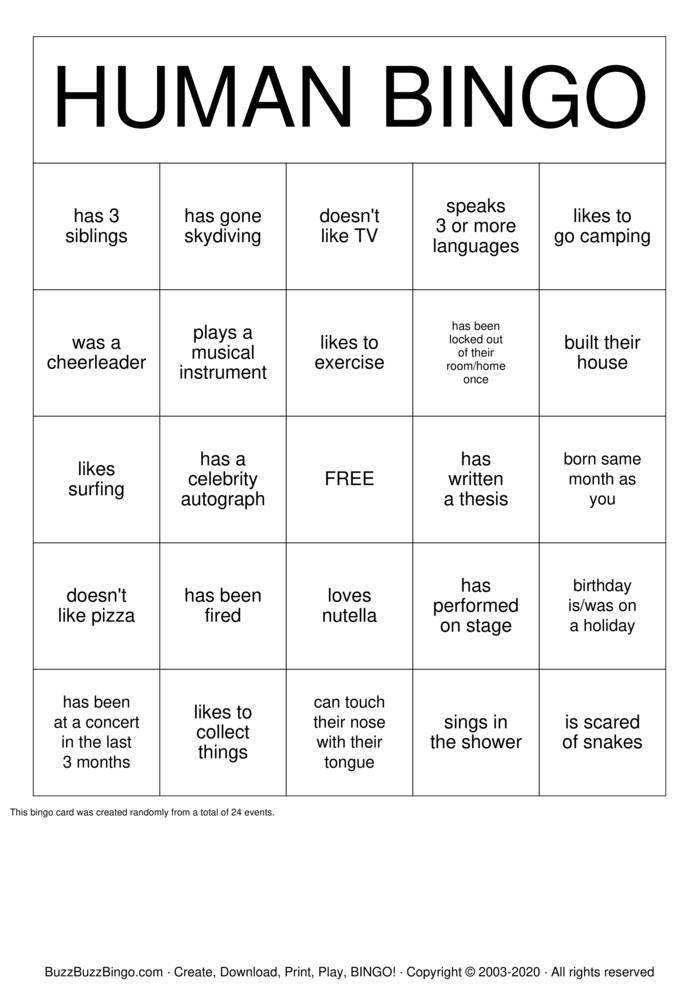 HUMAN BINGO Bingo Cards To Download Print And Customize 