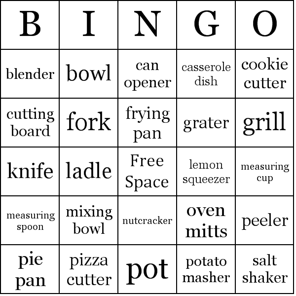 Kitchen Utensils Bingo Cards