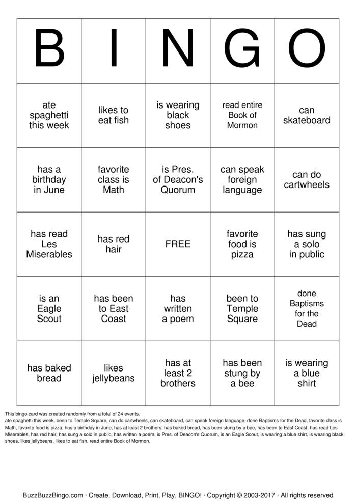LDS YOUTH BINGO Bingo Cards To Download Print And Customize 