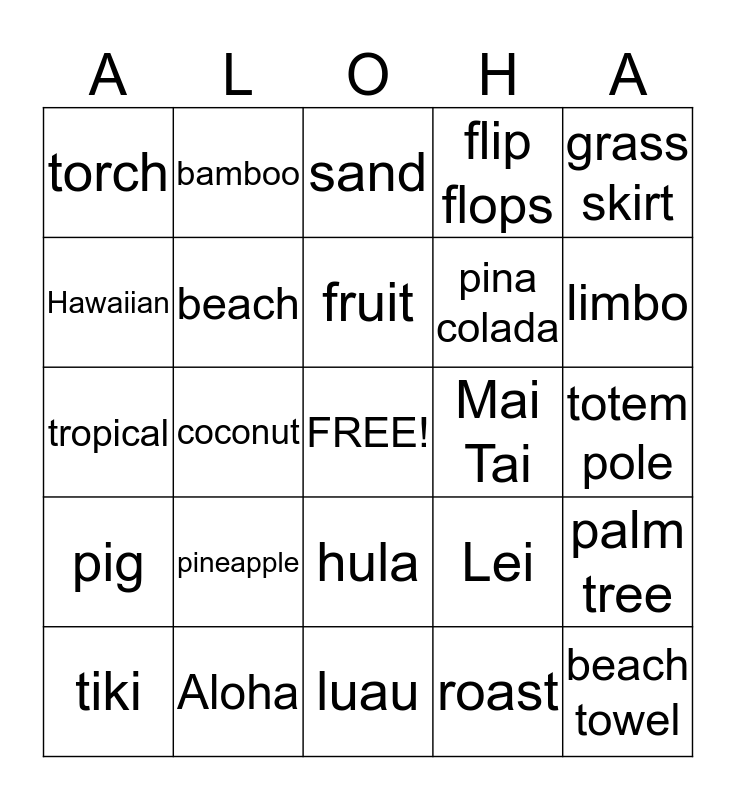 Luau Bingo Card