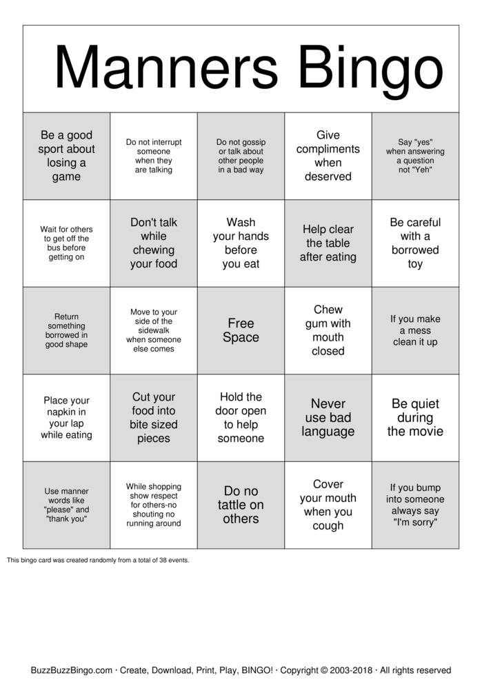 Manners Bingo Cards To Download Print And Customize 