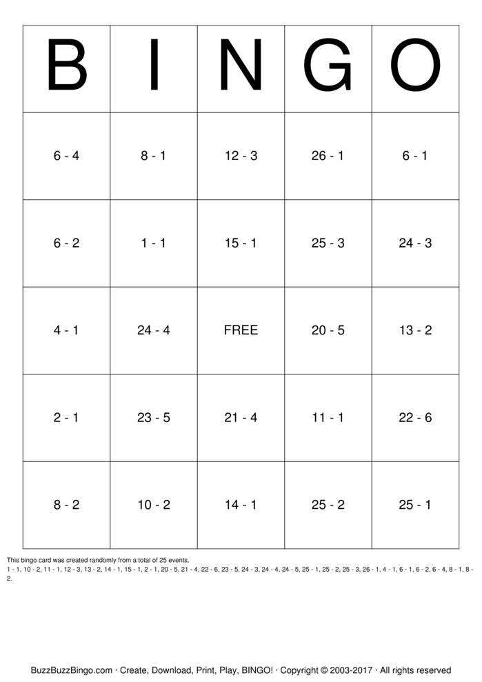 Math Subtraction Bingo Cards To Download Print And Customize 