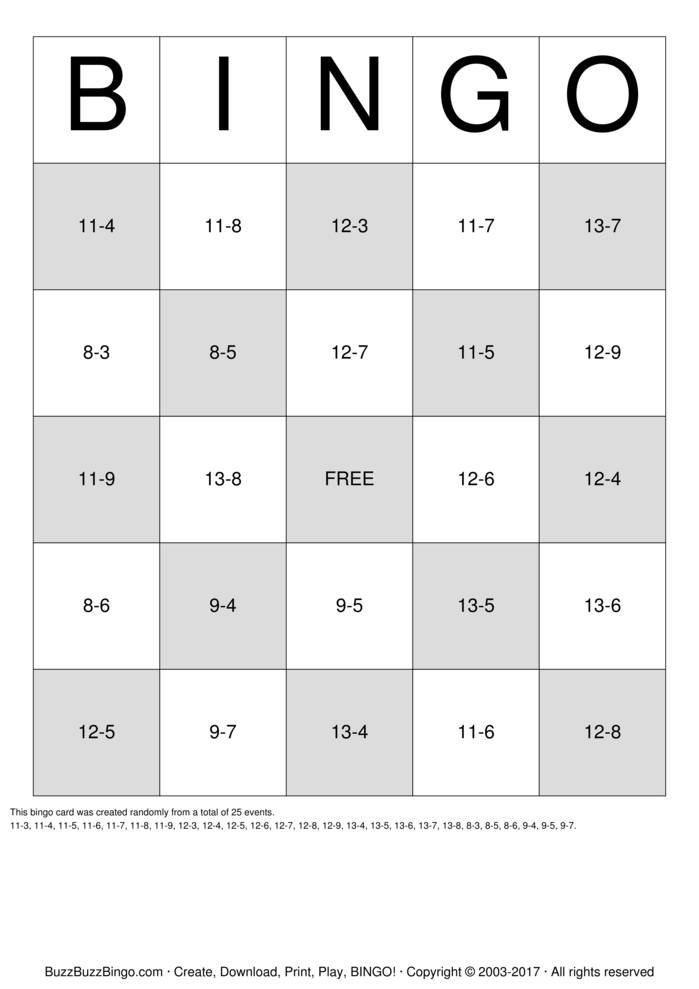 Math Subtraction Bingo Cards To Download Print And Customize 