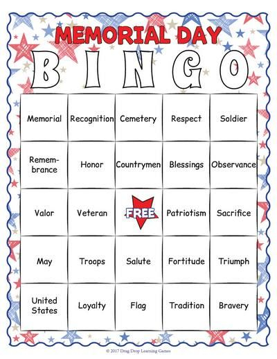 Memorial Day Bingo 40 Vocabulary Calling Cards And 30