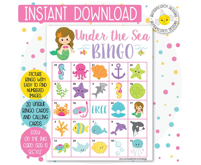 Mermaid Under The Sea Printable PDF Bingo Cards 30 