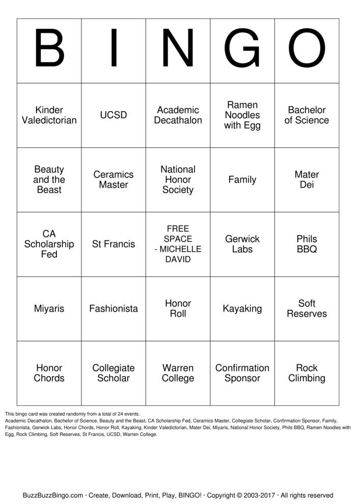 Michelle David Graduation Bingo Cards To Download Print 