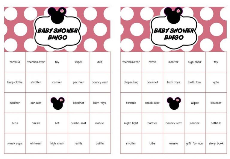 Minnie Mouse Baby Shower Bingo Cards Prefilled Words Minnie