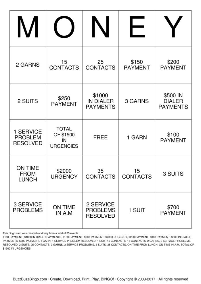 MONEY Bingo Cards To Download Print And Customize 