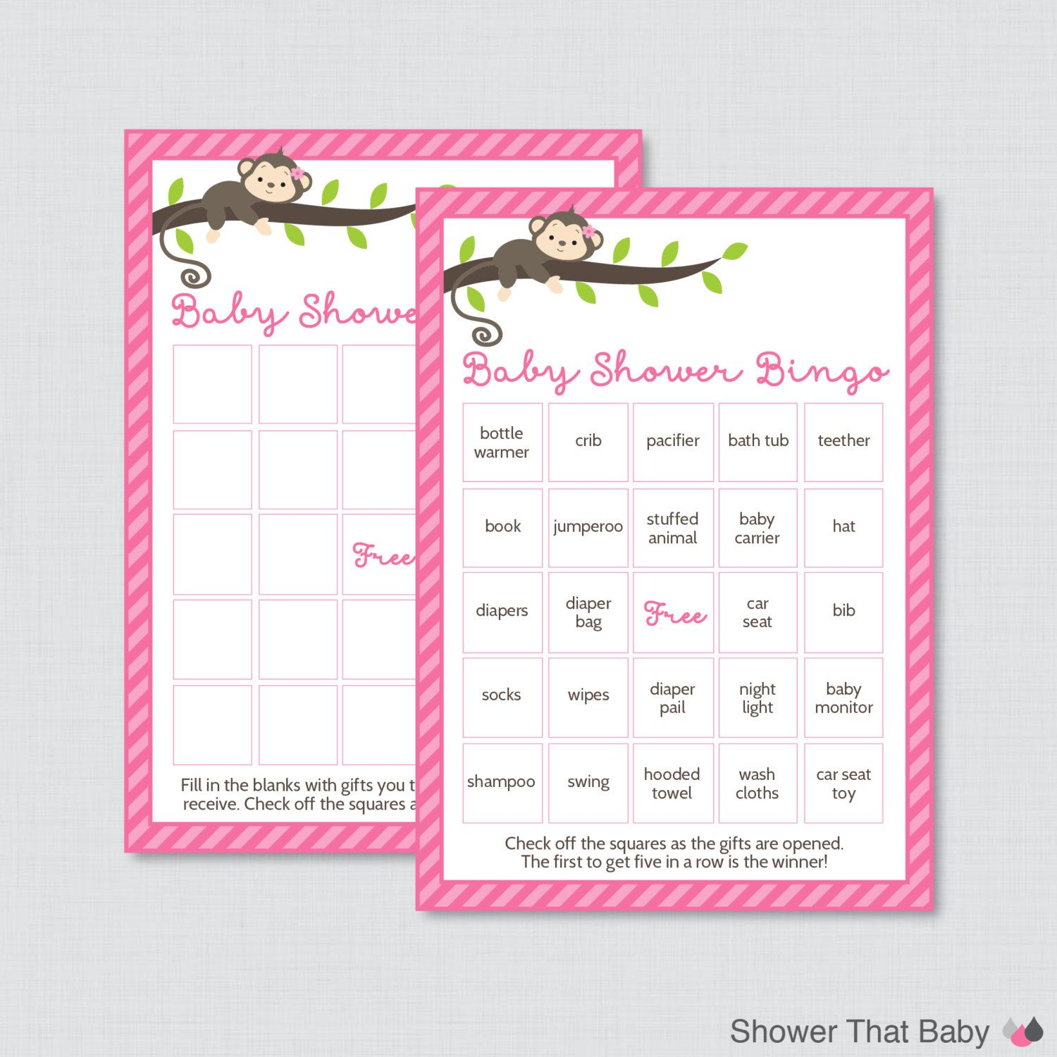 Monkey Baby Shower Bingo Cards Prefilled Bingo Cards AND 