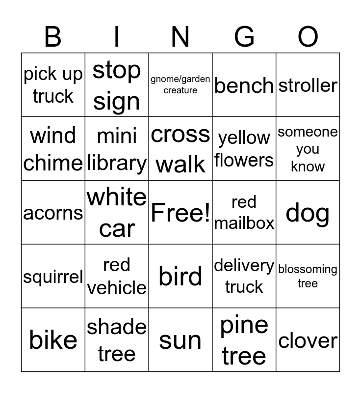 Neighborhood Walk Bingo Card