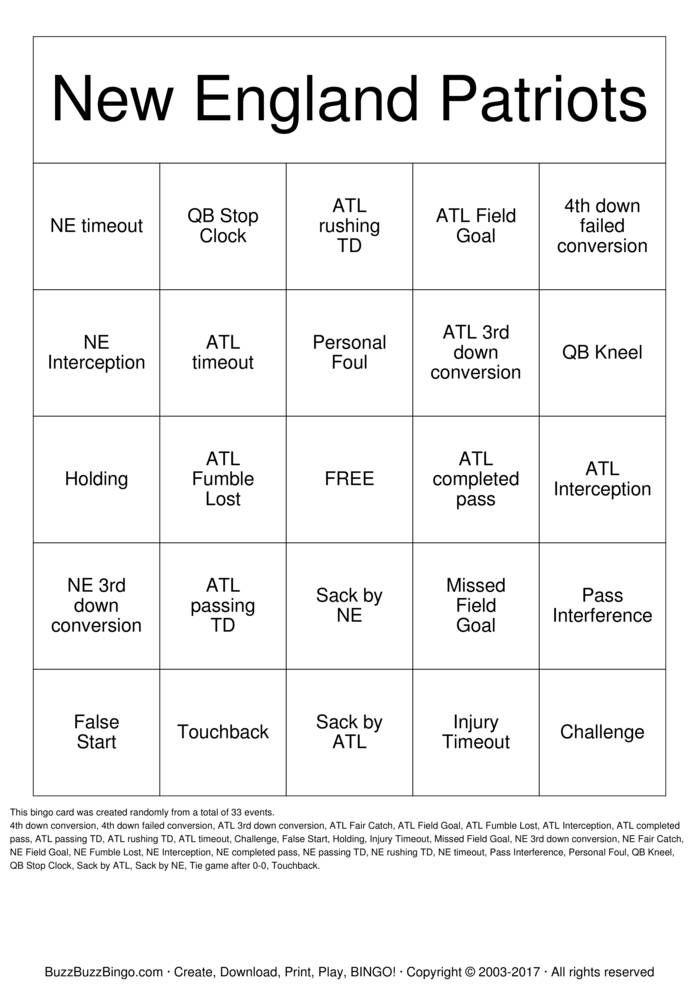 New England Patriots Superbowl Bingo Printable Bingo 