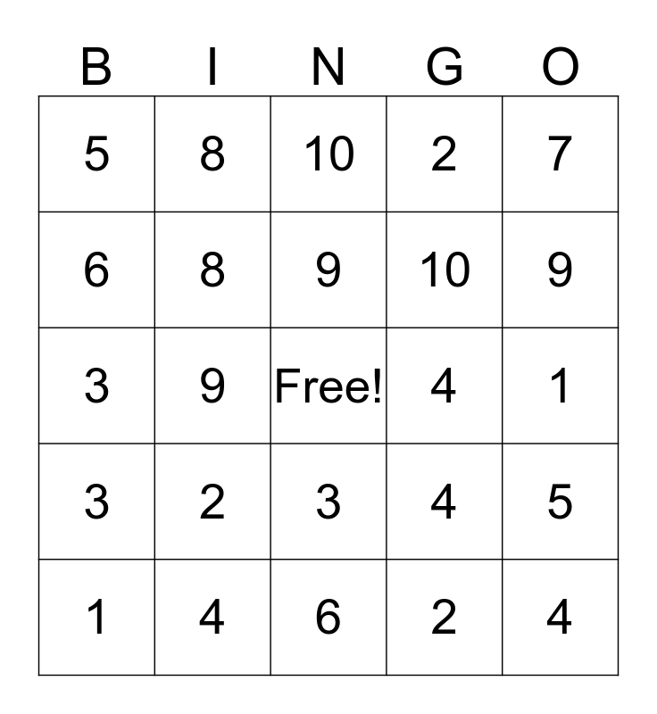 Number Bingo 1 10 Bingo Card
