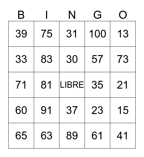 Numbers 1 100 Bingo Card