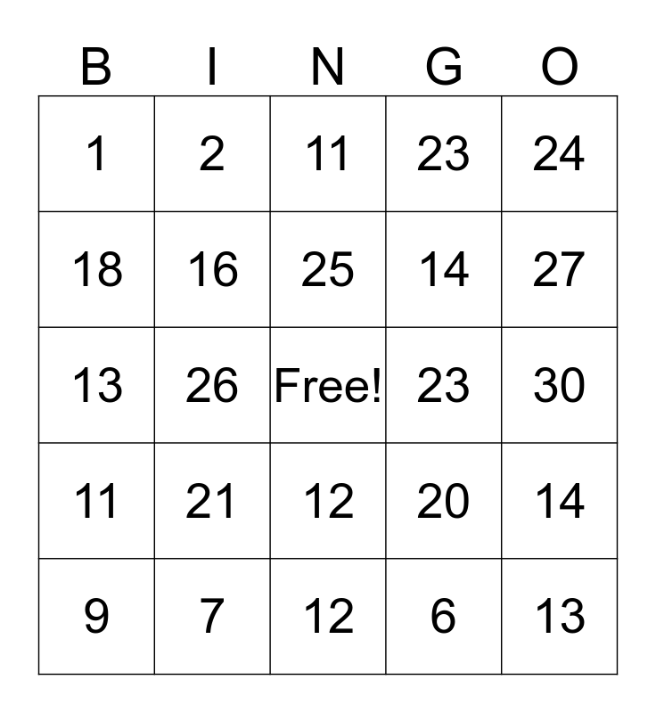 Numbers 1 30 Bingo Card
