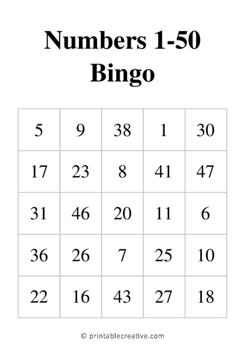 Numbers 1 50 Bingo
