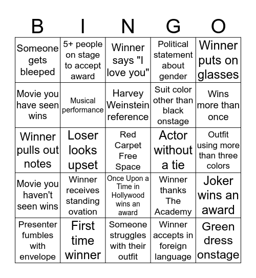 Oscars 2020 Bingo Card