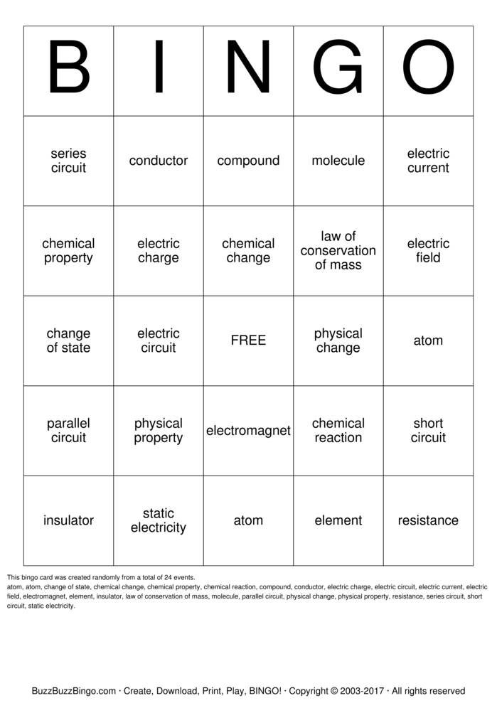 Physical Science Bingo Cards To Download Print And Customize 