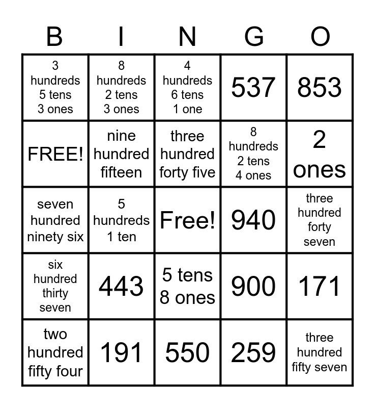 Place Value Bingo Card