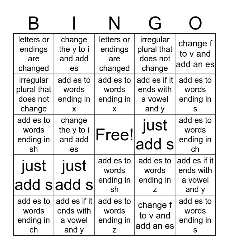 Plurals Bingo Card