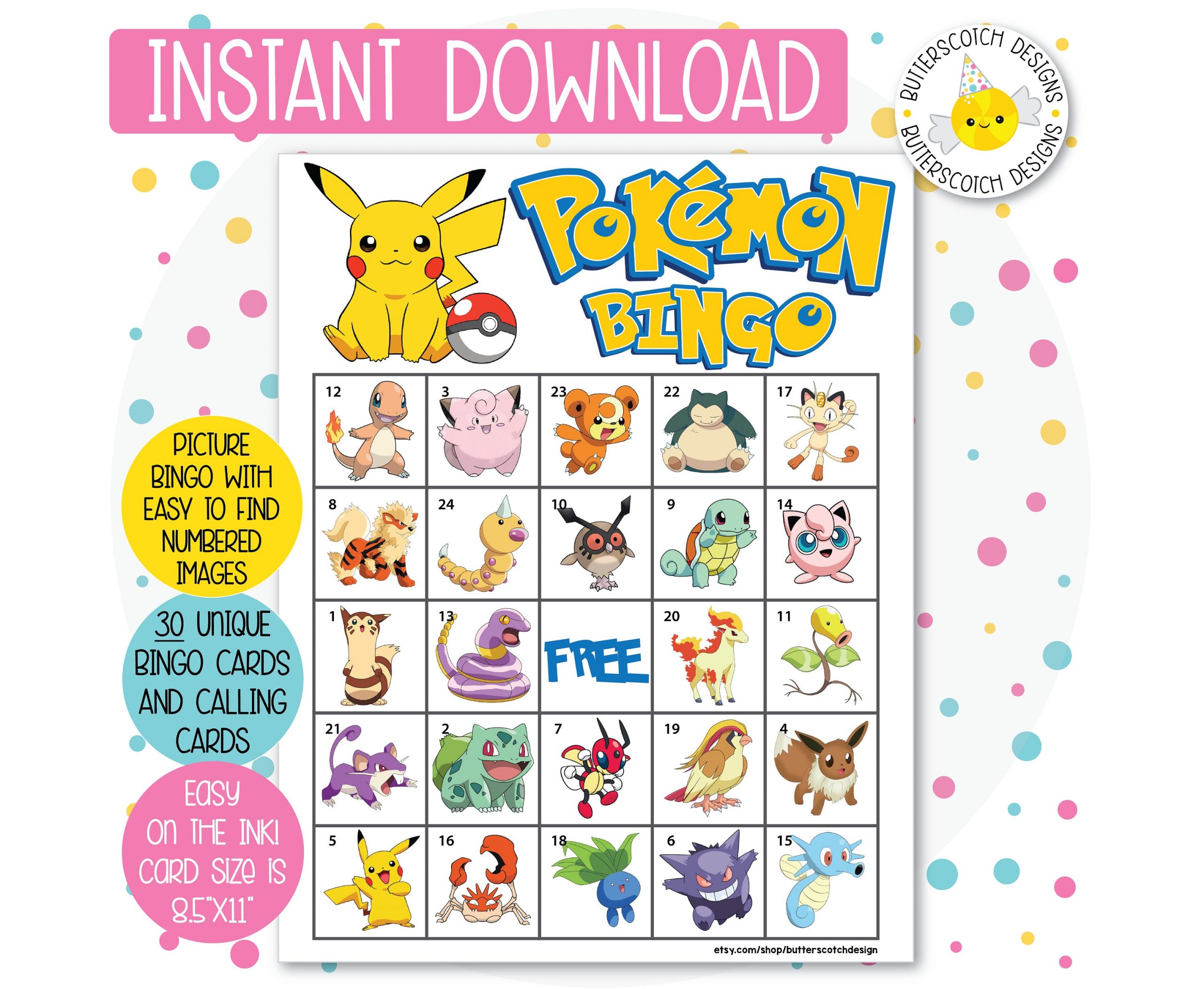 Pokemon Printable Bingo Cards 30 Different Cards Instant 