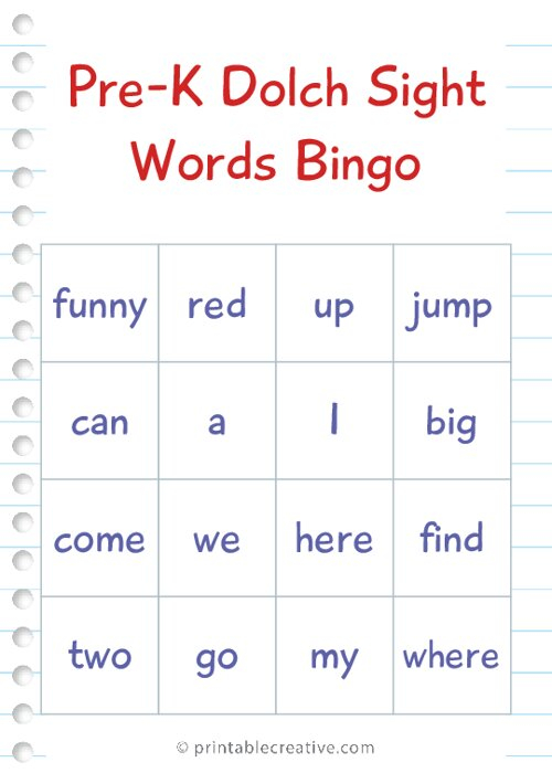 Pre Kindergarten Dolch Sight Words Bingo Download Free 