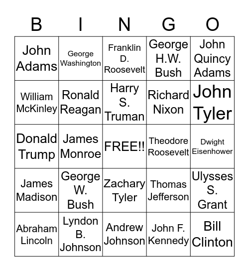 Presidents Day Bingo Card