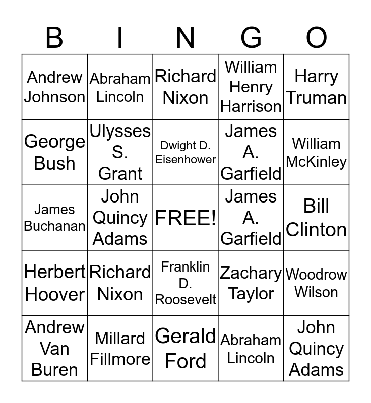 Presidents Day Bingo Card