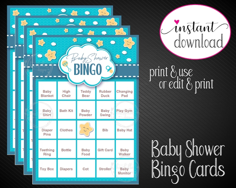 Printable BABY SHOWER Bingo Game Blue And Yellow Baby Boy 